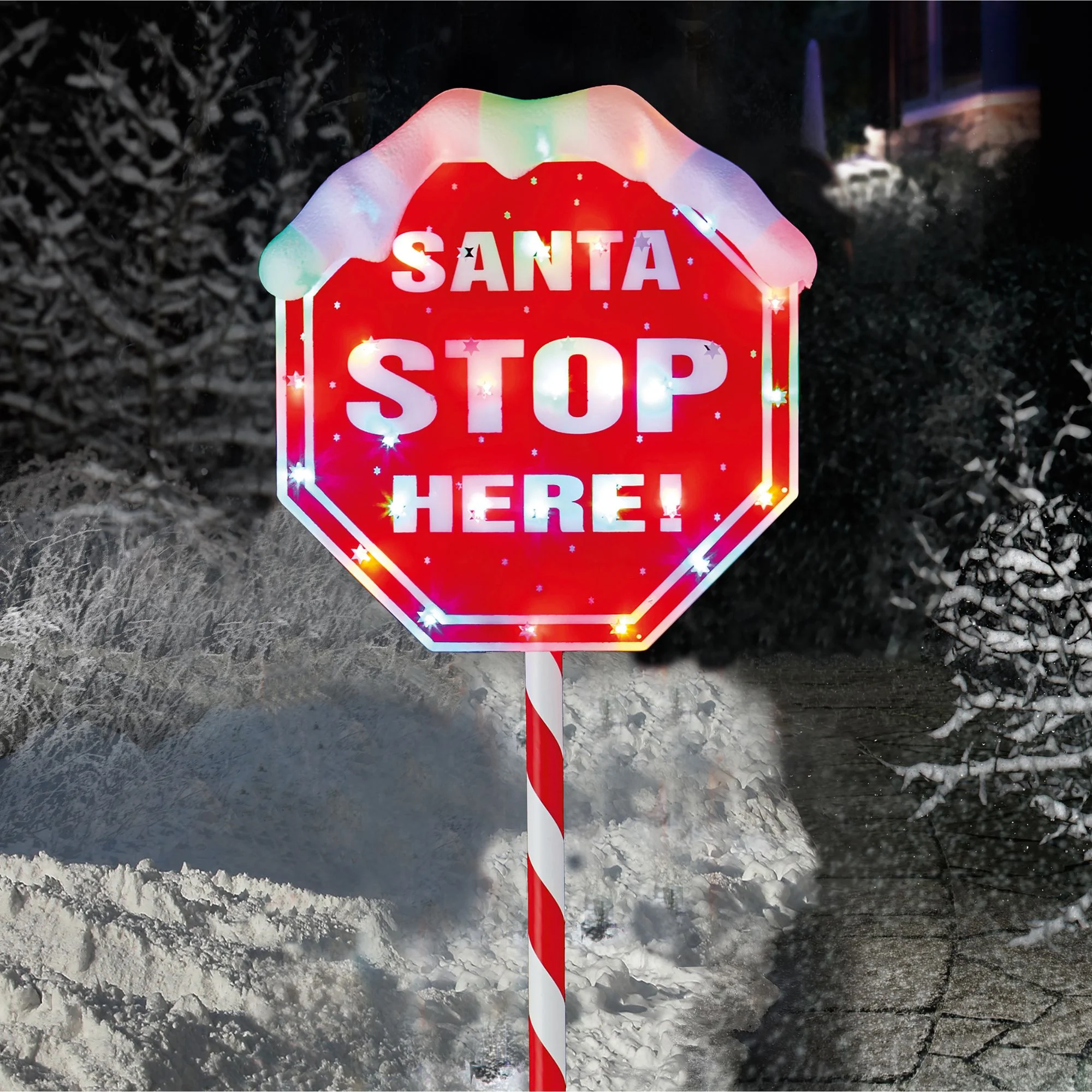 1m Santa Stop Here Sign Garden Path Stake Light with 30 Multi Coloured LEDs