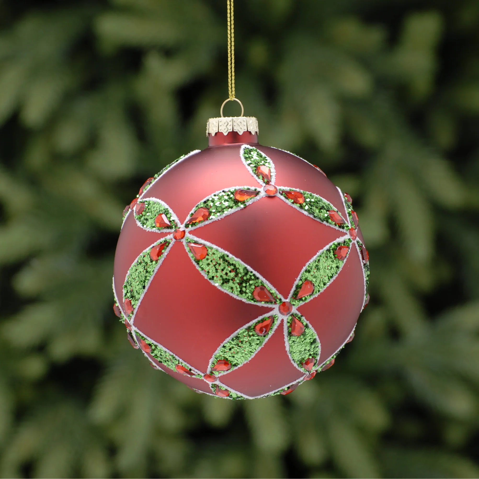 10cm Red with Green Glitter Leaf Glass Bauble Tree Decoration