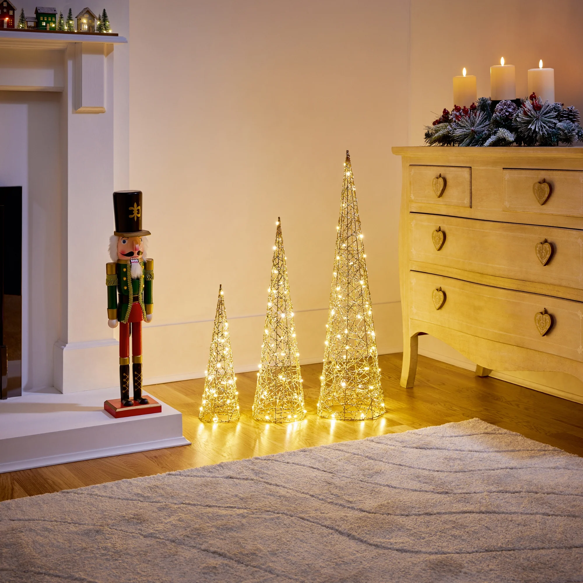 Set of 3 Golden Elegance Twist Cones with 120 Warm White LEDs