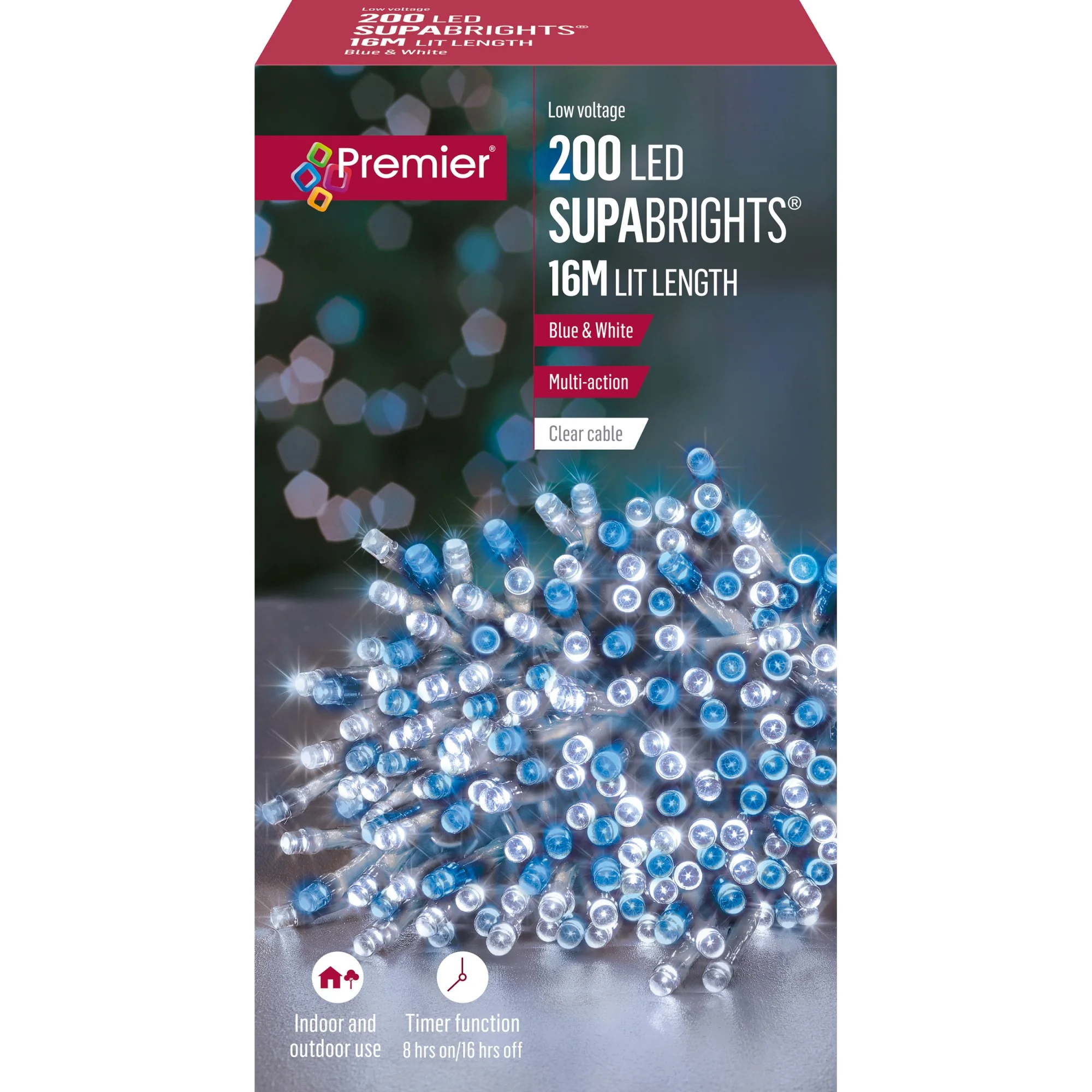 200 Blue and White Supabrights Multi Action LED String Lights on Clear Cable with Timer - Image 3
