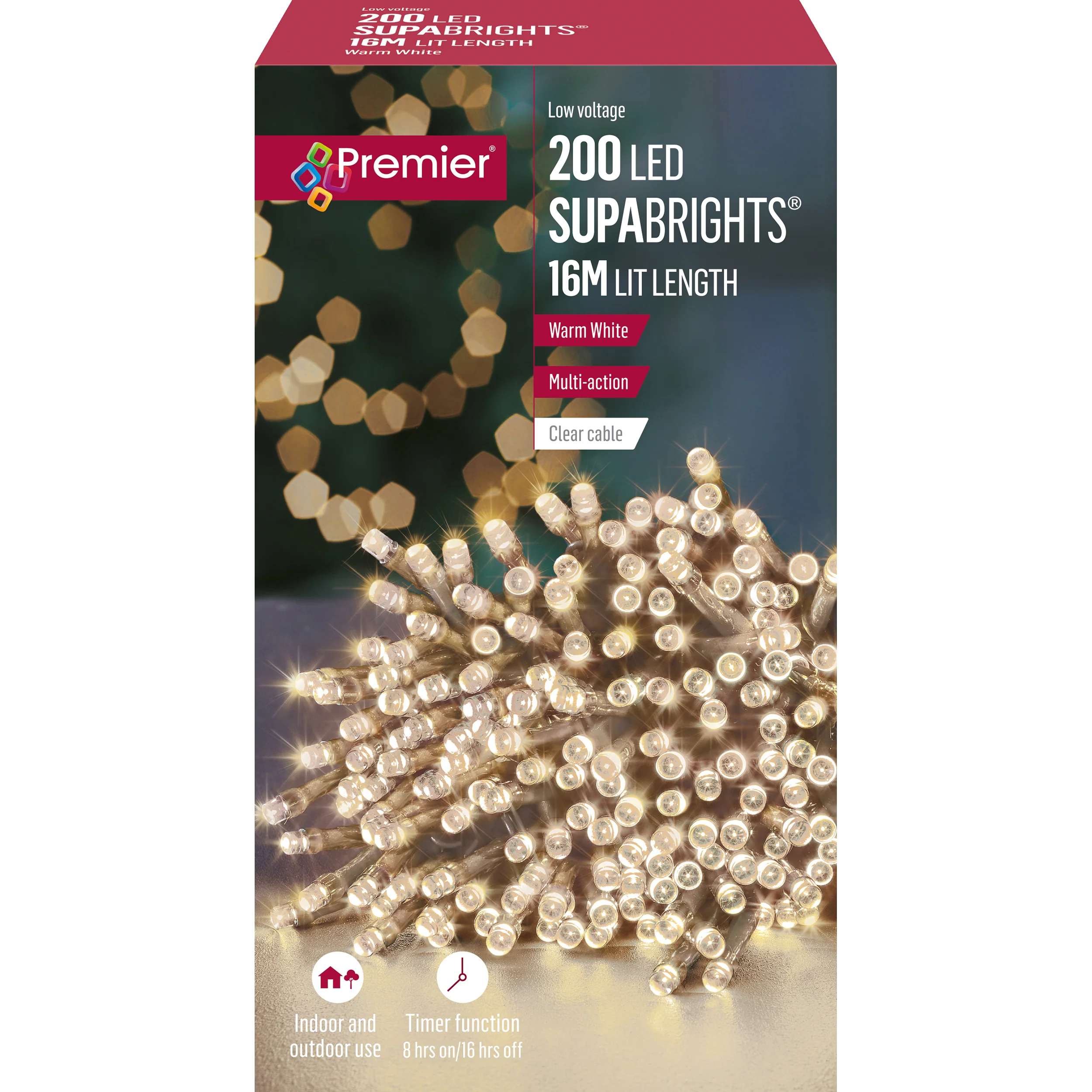 200 Warm White Supabrights Multi Action LED String Lights on Clear Cable with Timer - Image 3