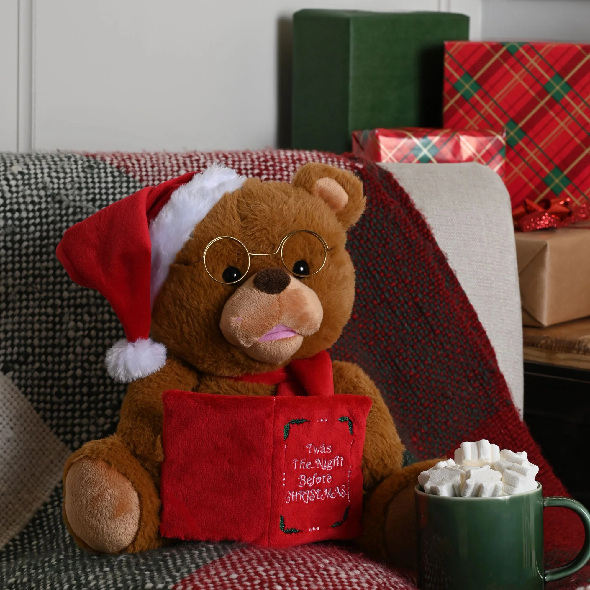 26cm Battery Operated Animated Storytelling Christmas Bear with Book and Santa Hat - Image 3