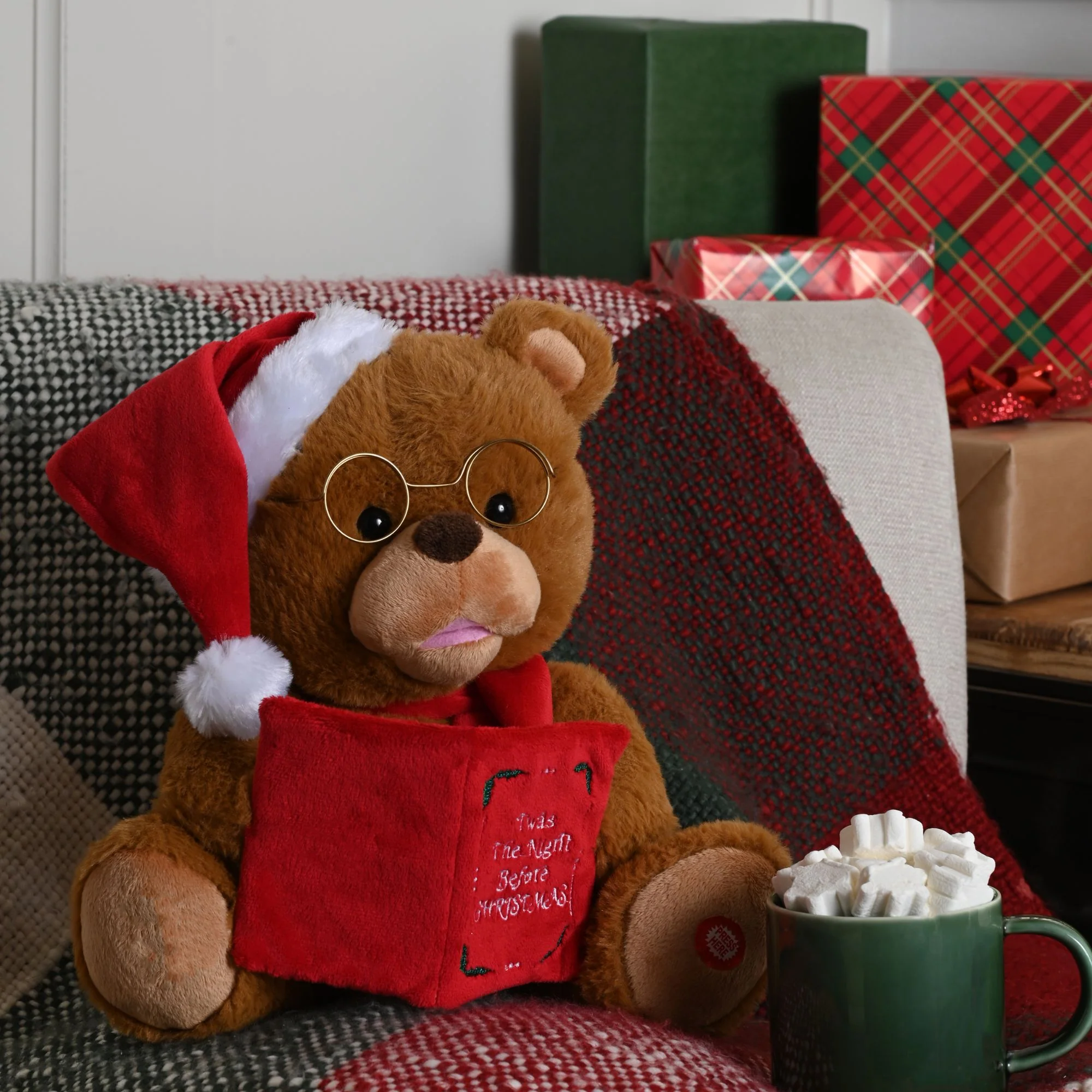 26cm Battery Operated Animated Storytelling Christmas Bear with Book and Santa Hat - Image 4