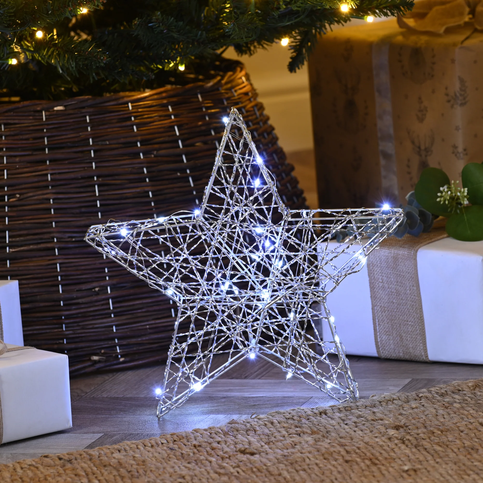 30cm Silver Shimmer Star Christmas Silhouette with 30 White LEDs