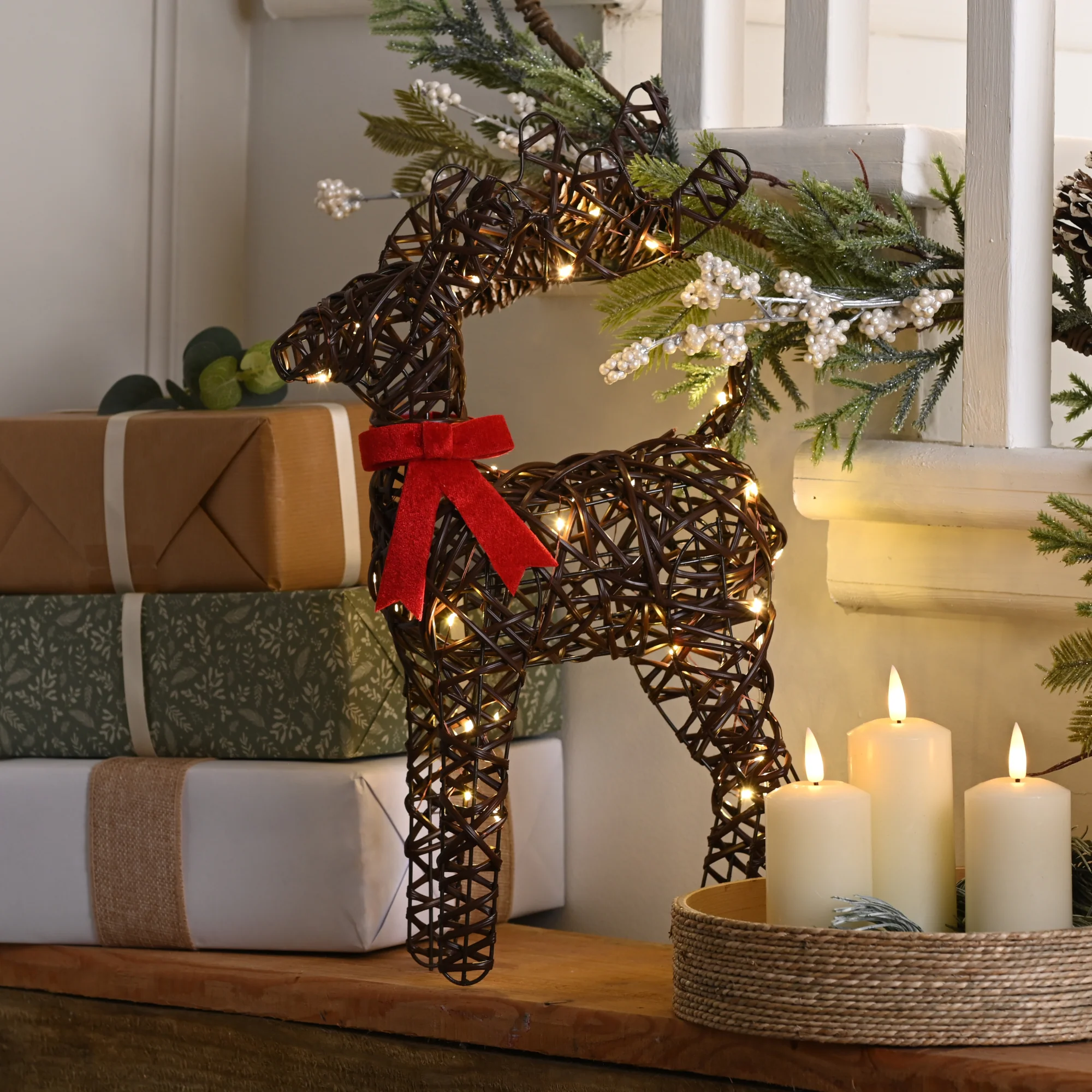 37cm Reindeer with Red Bow Christmas Silhouette with 30 Warm White Micro LEDs