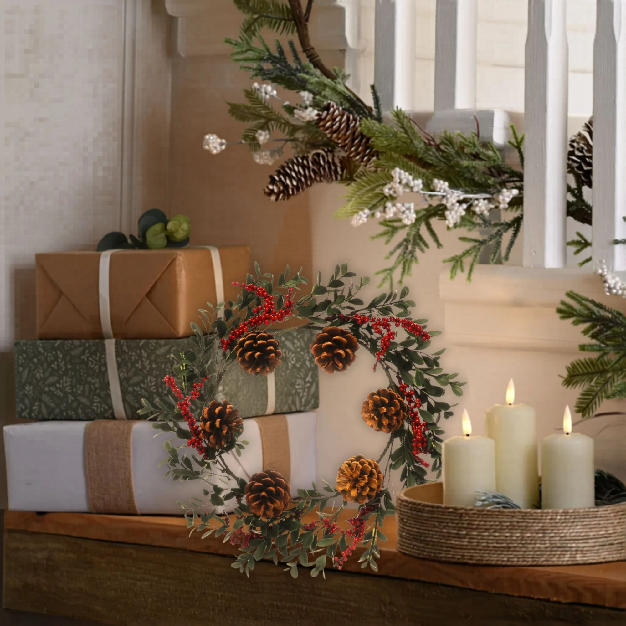 40cm Holly Berry Pine Cone Christmas Wreath - Image 2