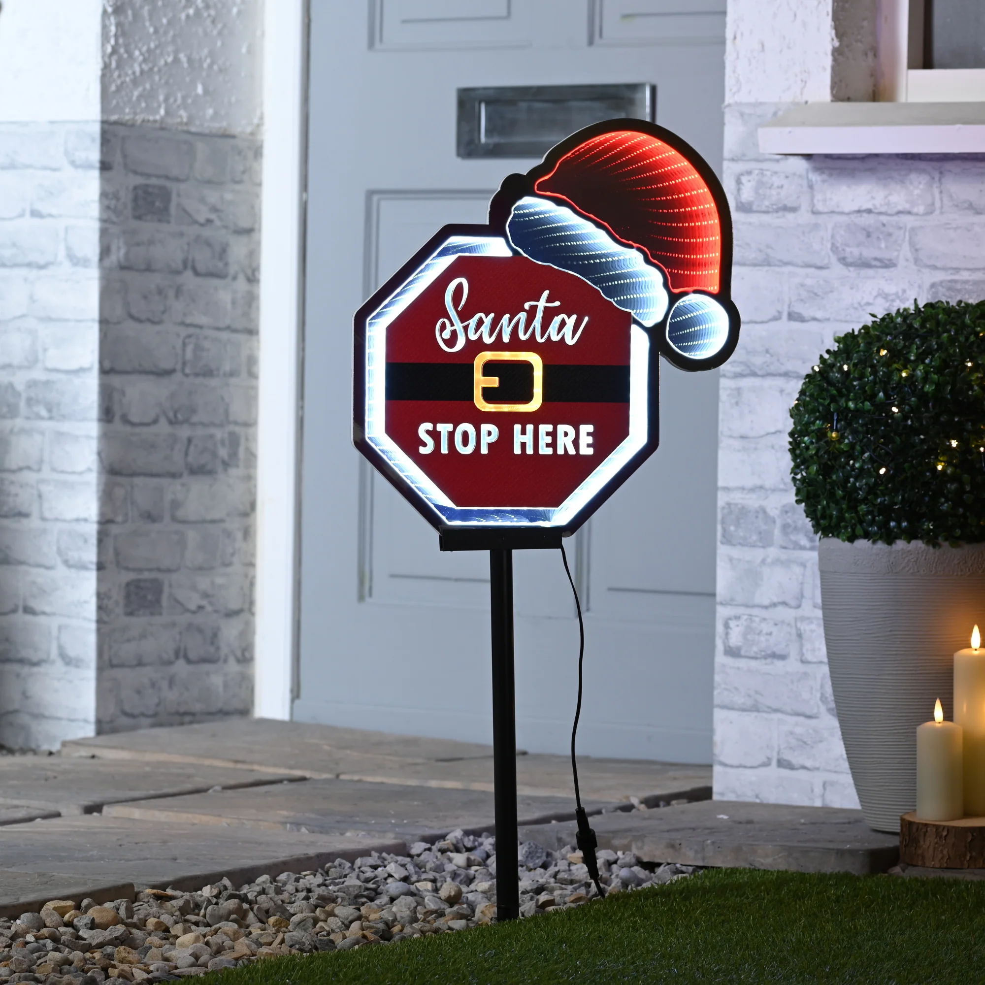 40cm Infinity Santa Stop Here with Hat on Stake Christmas Path Light