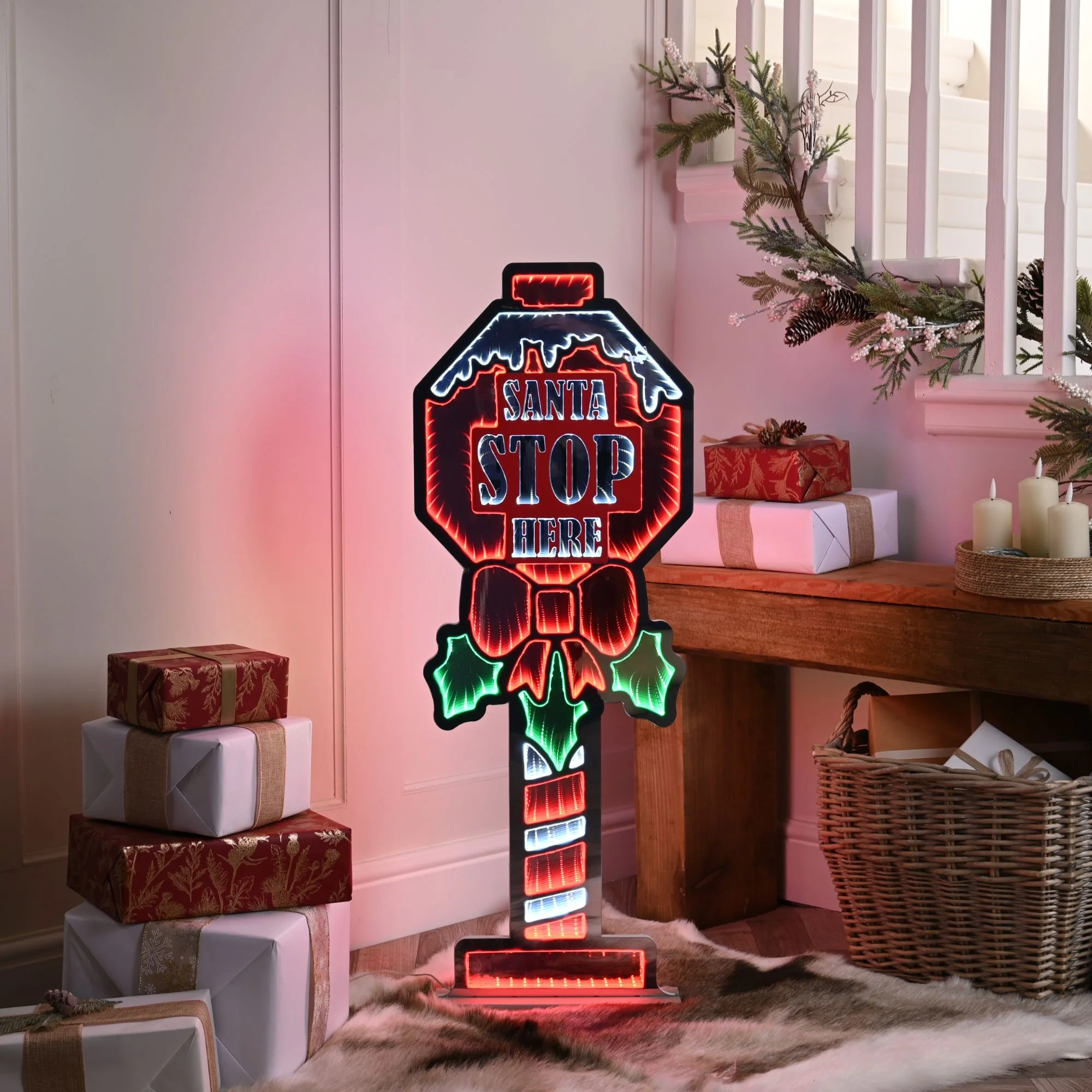 90cm Santa Stop Here Sign LED Christmas Infinity Light