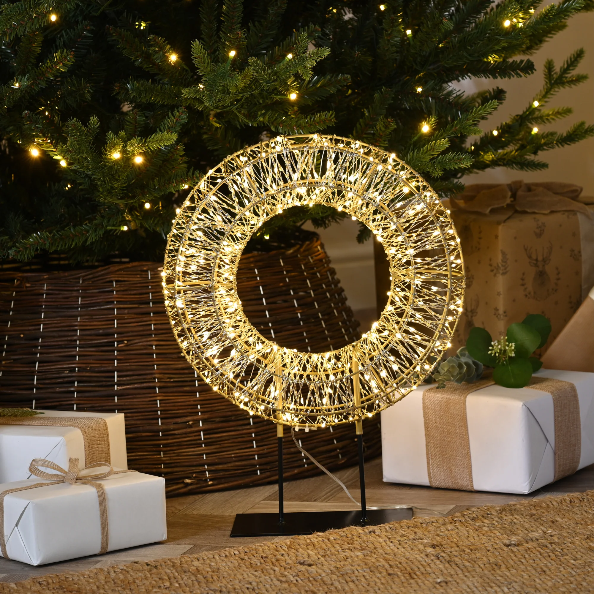 45cm Gold Shimmer Christmas Wreath on Stand with 600 Warm White Micro LEDs
