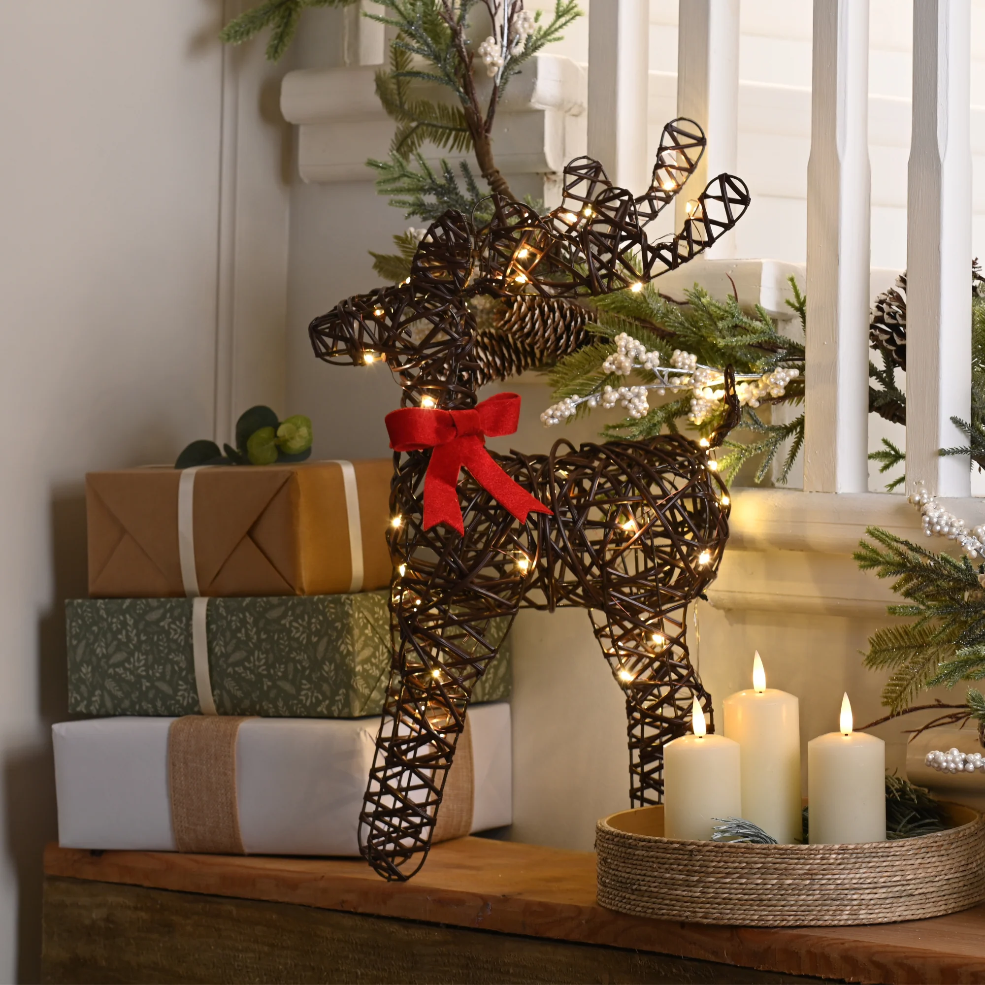 50cm Reindeer with Red Bow Lit with 40 Warm White LEDs