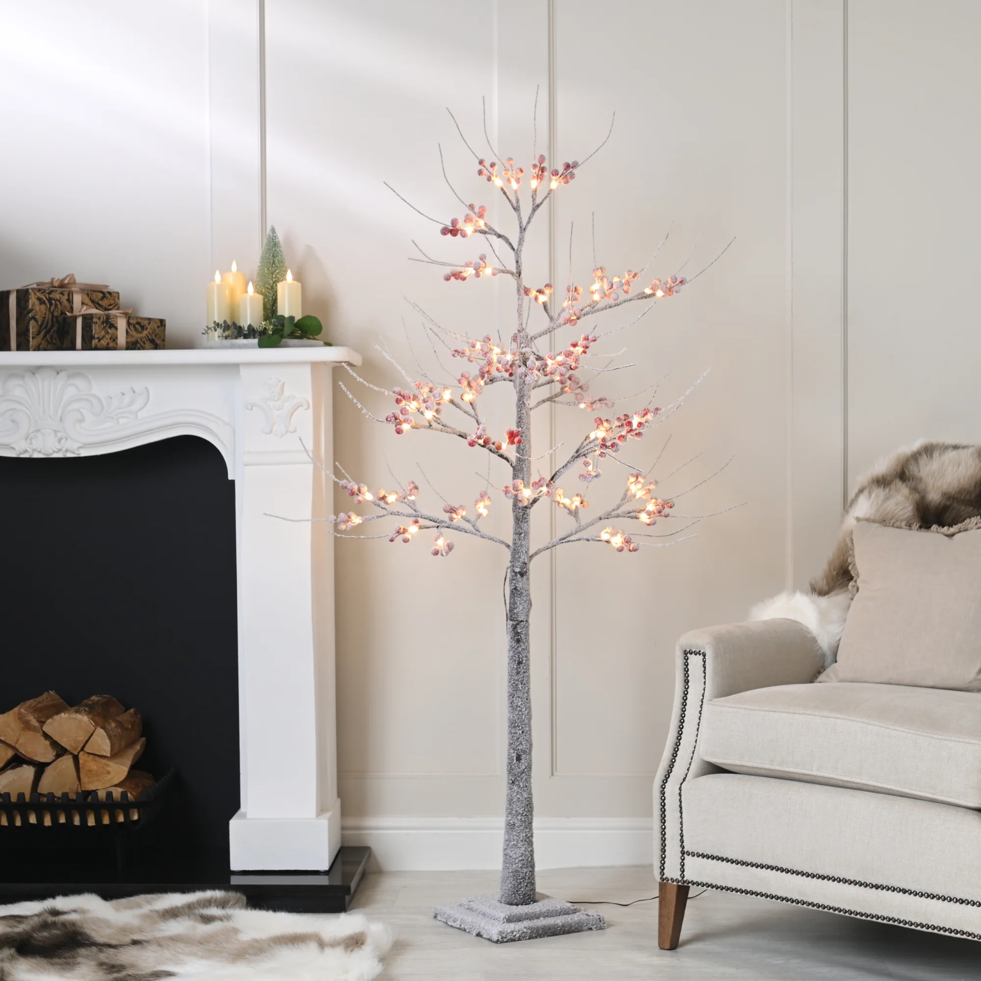 5ft LED Flocked Berry Christmas Tree with 64 Warm White LEDs