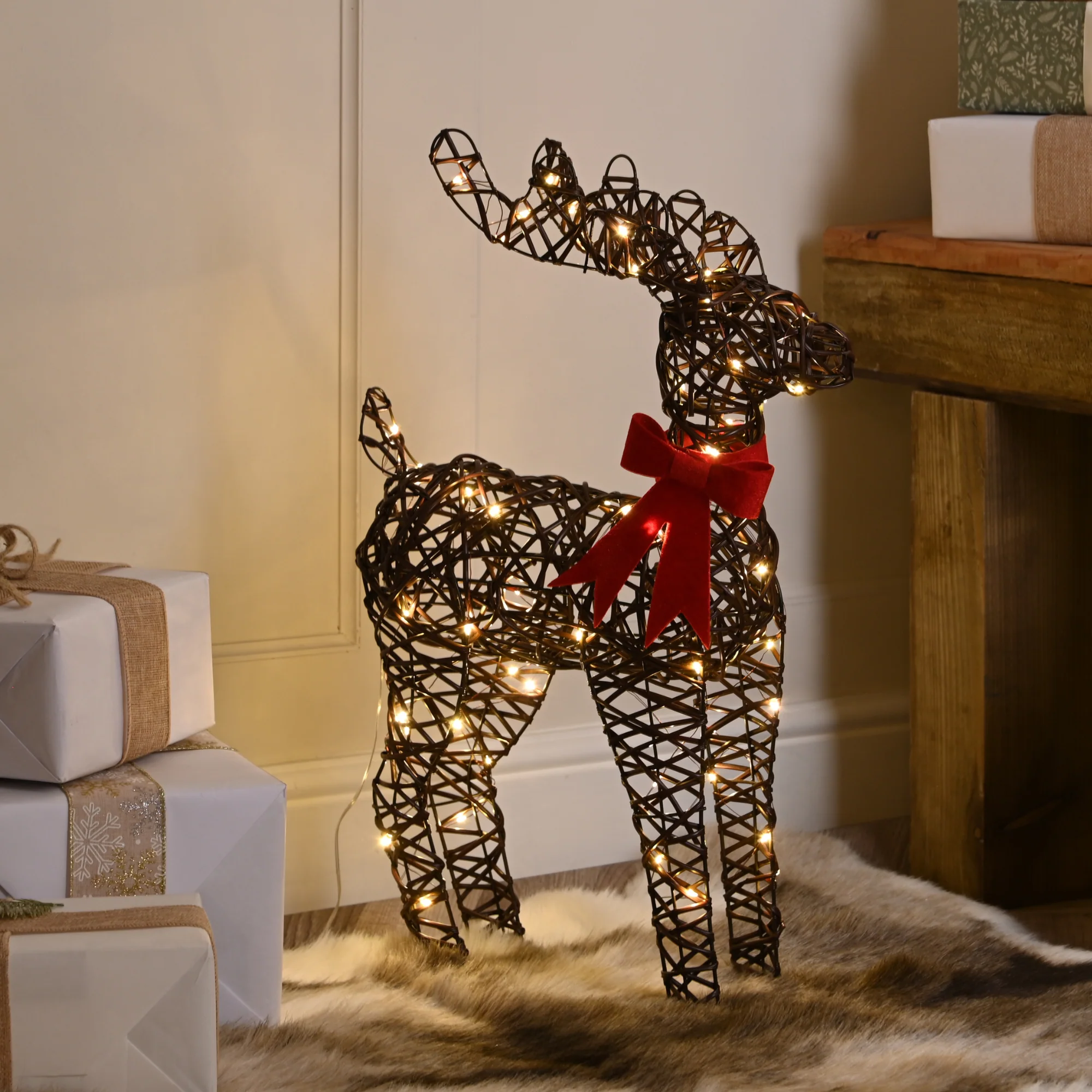 60cm Reindeer with Red Bow Christmas Silhouette with 60 Warm White Micro LEDs