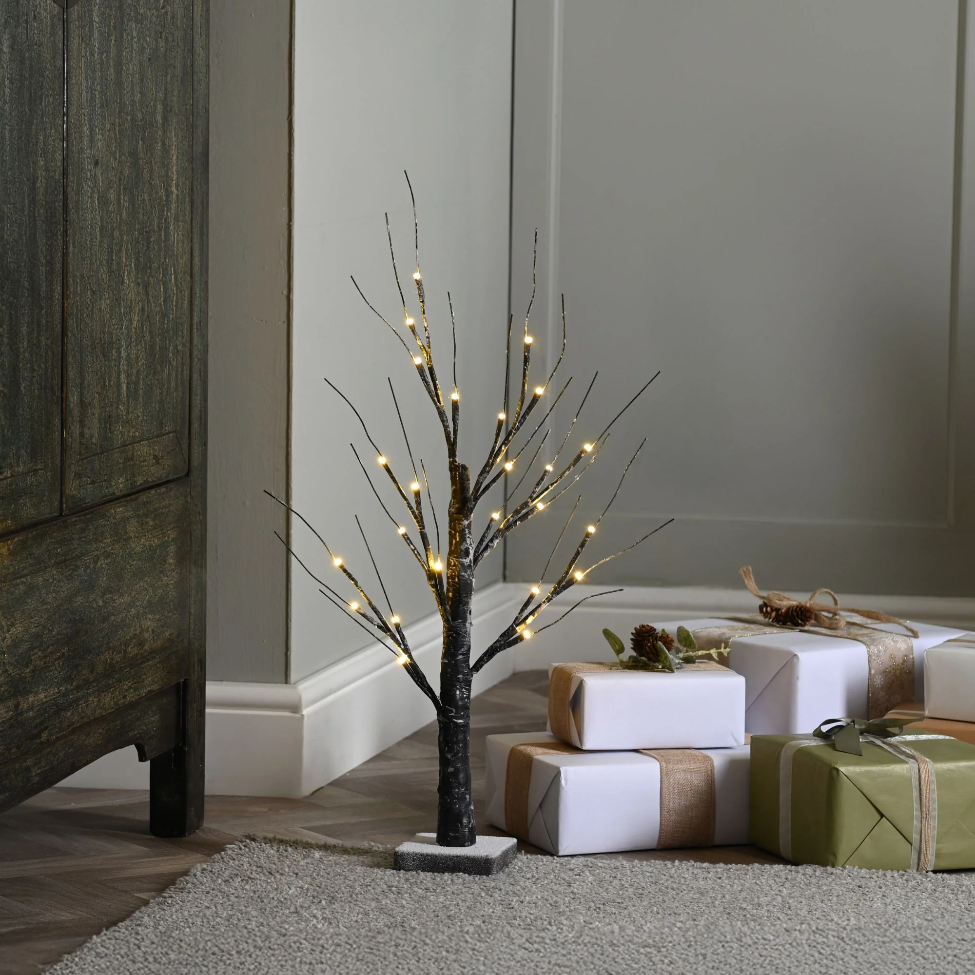60cm Brown Snowy Christmas Tree with Warm White LEDs