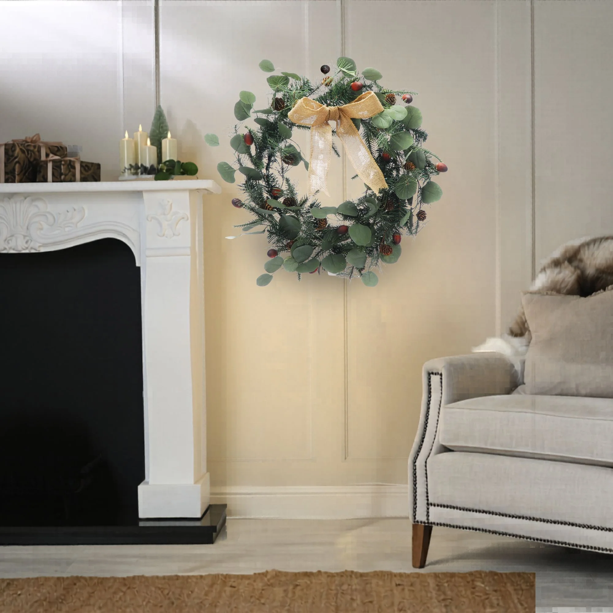 60cm Green Eucalyptus Pinecone Christmas Wreath with Hessian Bow - Image 2