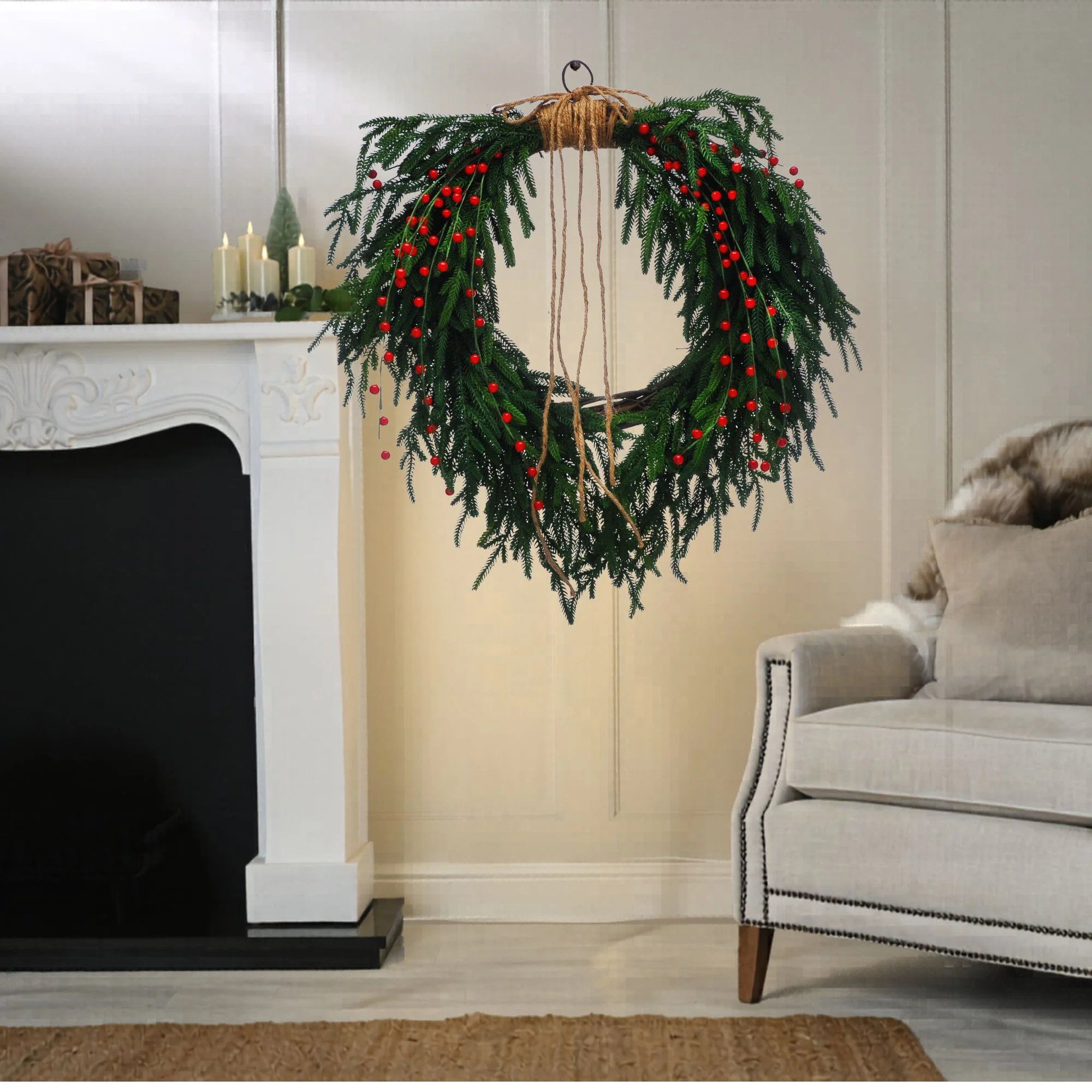 61cm Red Berries Green Spruce Heart Shaped Christmas Wreath - Image 2