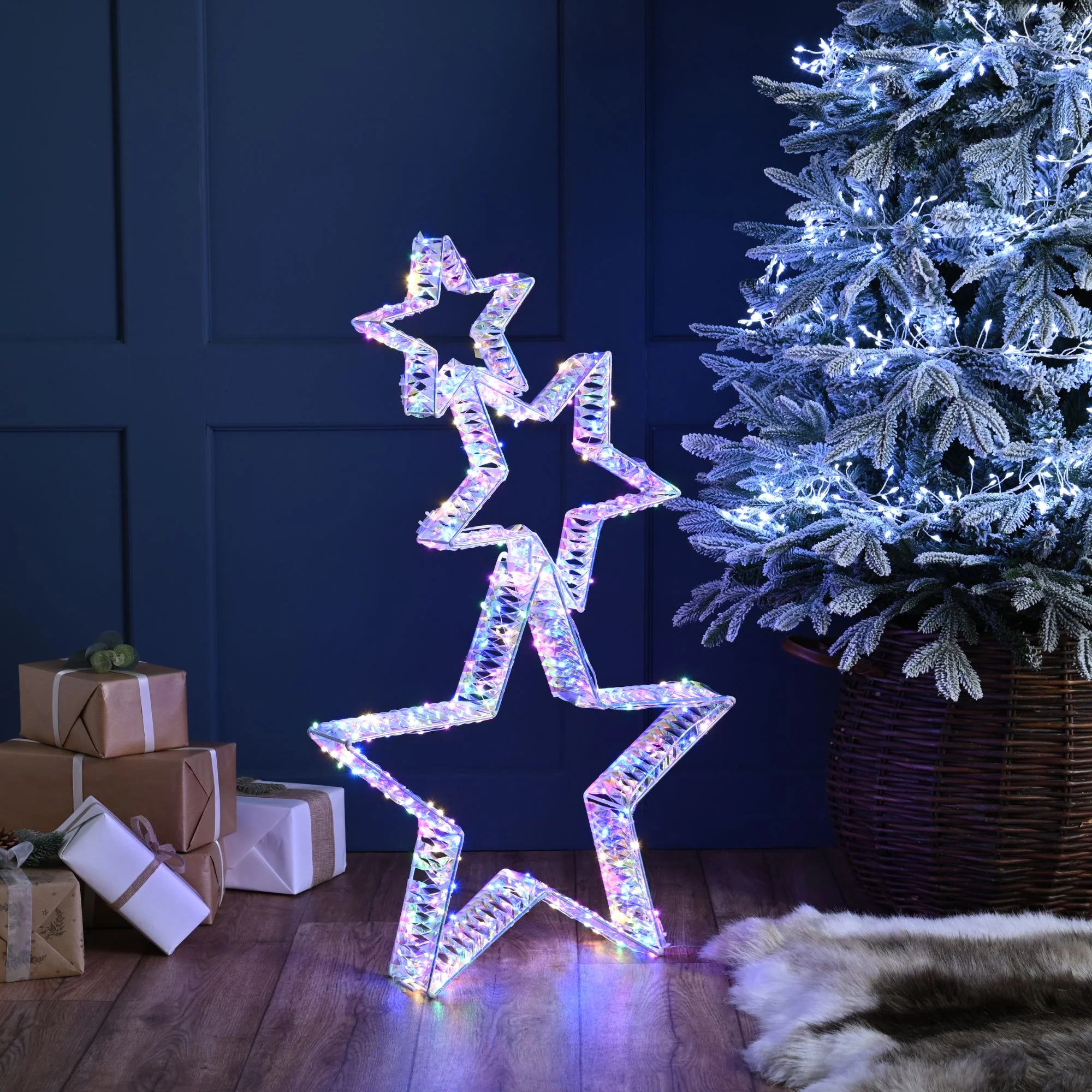 80cm Stack of 3 Rainbow Twist Christmas Stars with 350 Micro Multi Coloured LEDs
