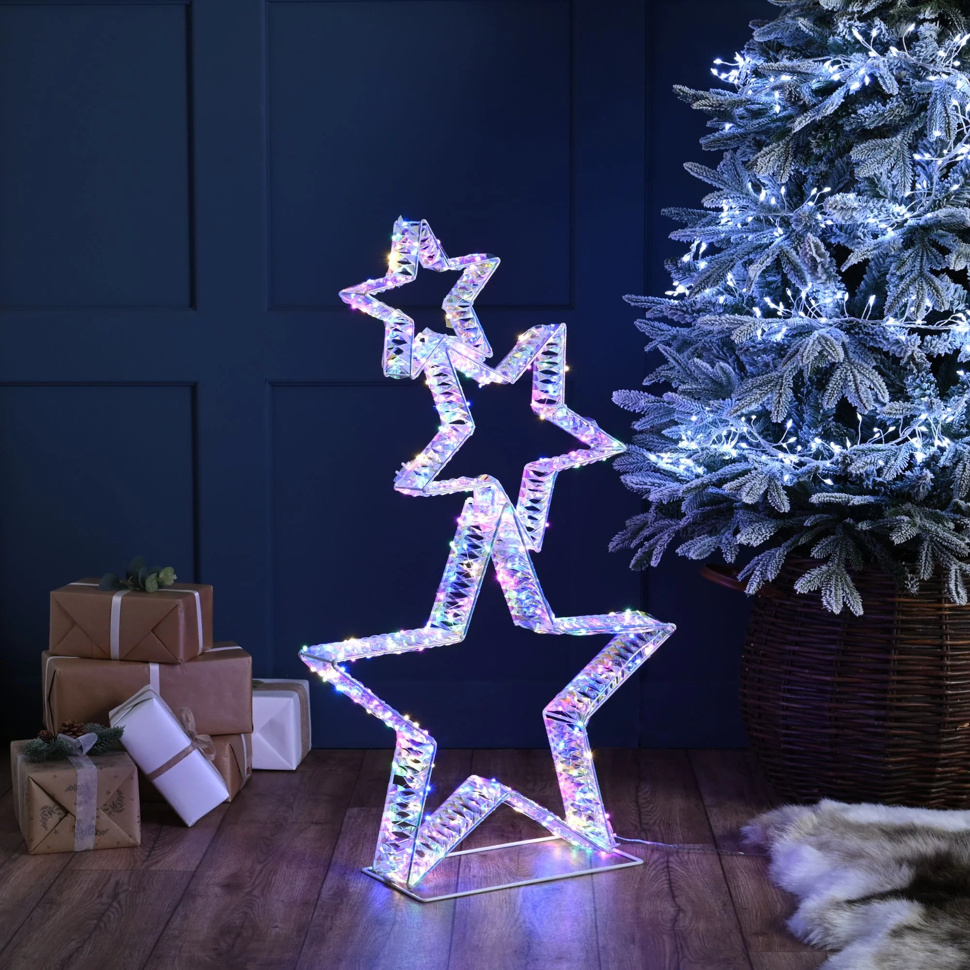 80cm Stack of 3 Rainbow Twist Christmas Stars with 350 Micro Multi Coloured LEDs - Image 2