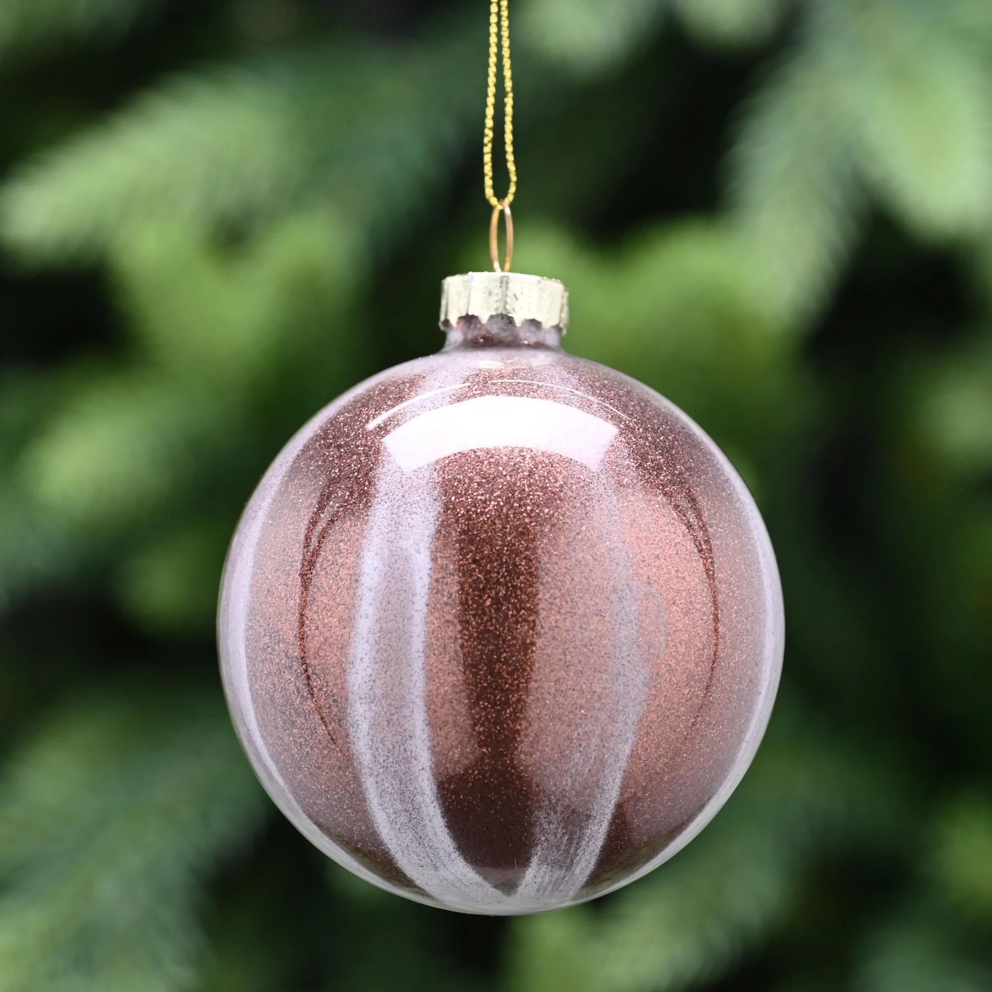8cm Brown Glass Bauble with White Snowy Stripe Pattern Tree Decoration - Image 2