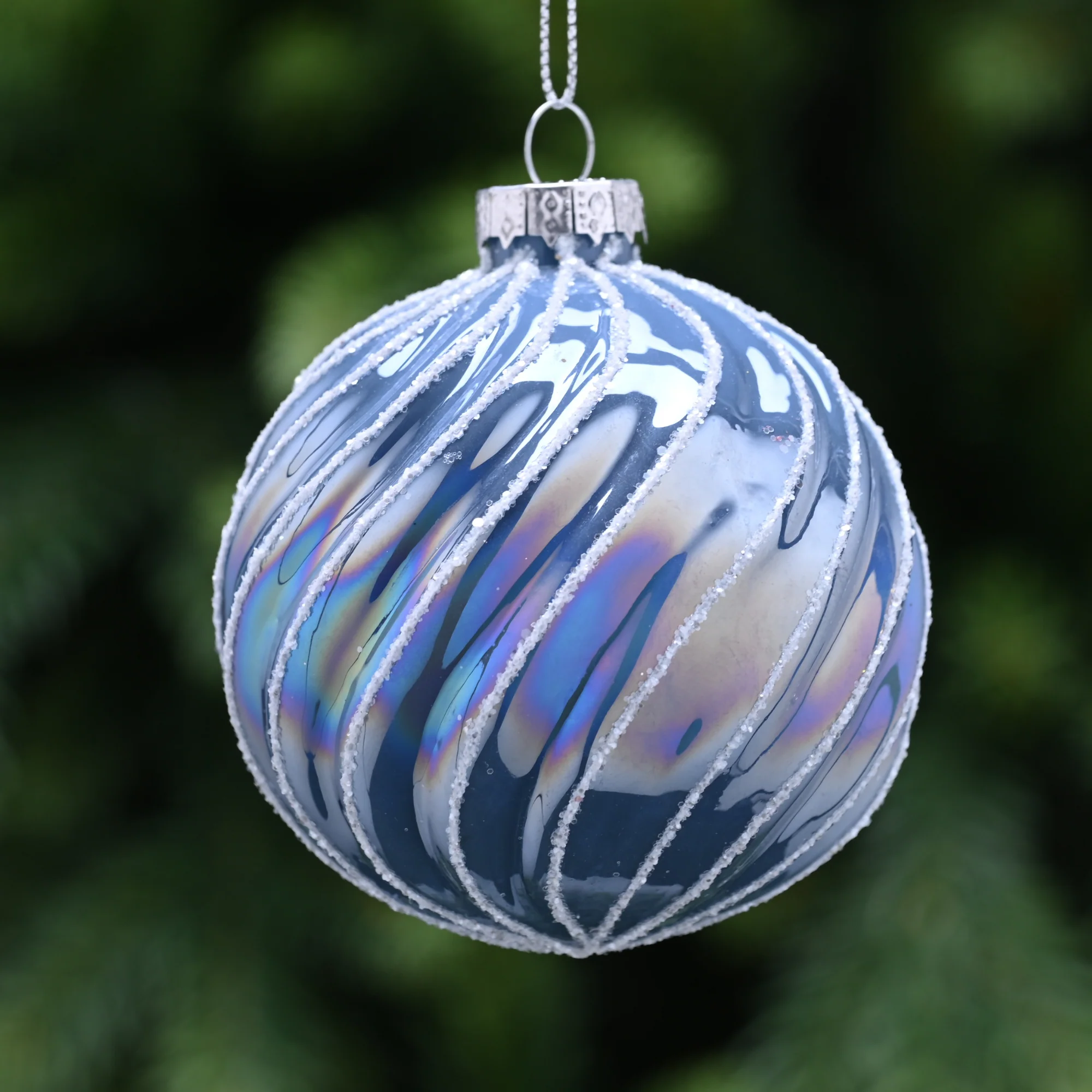 8cm Clear Blue Glass Swirl Design Christmas Tree Bauble