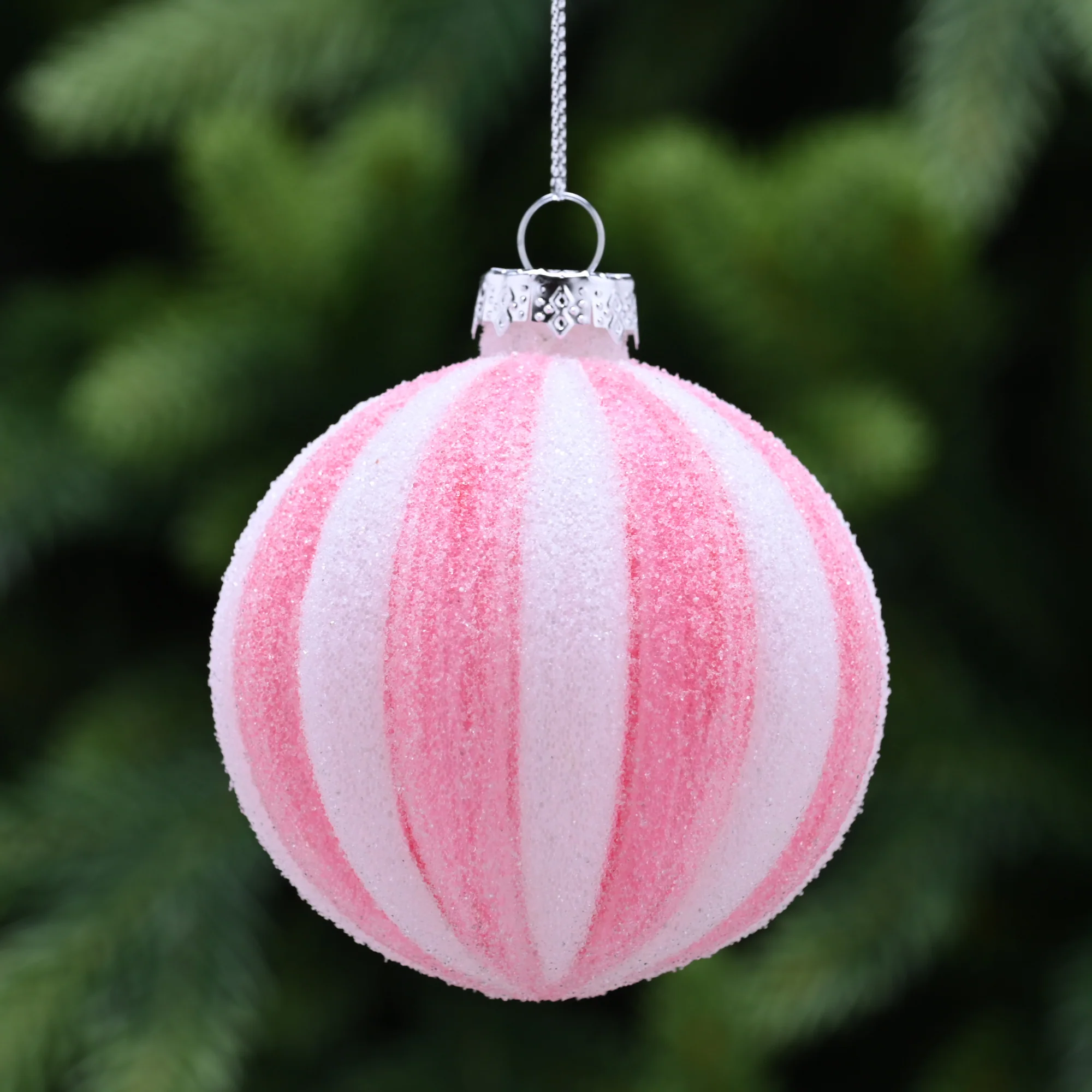 8cm Frosted Pink and White Segment Glass Bauble Tree Decoration