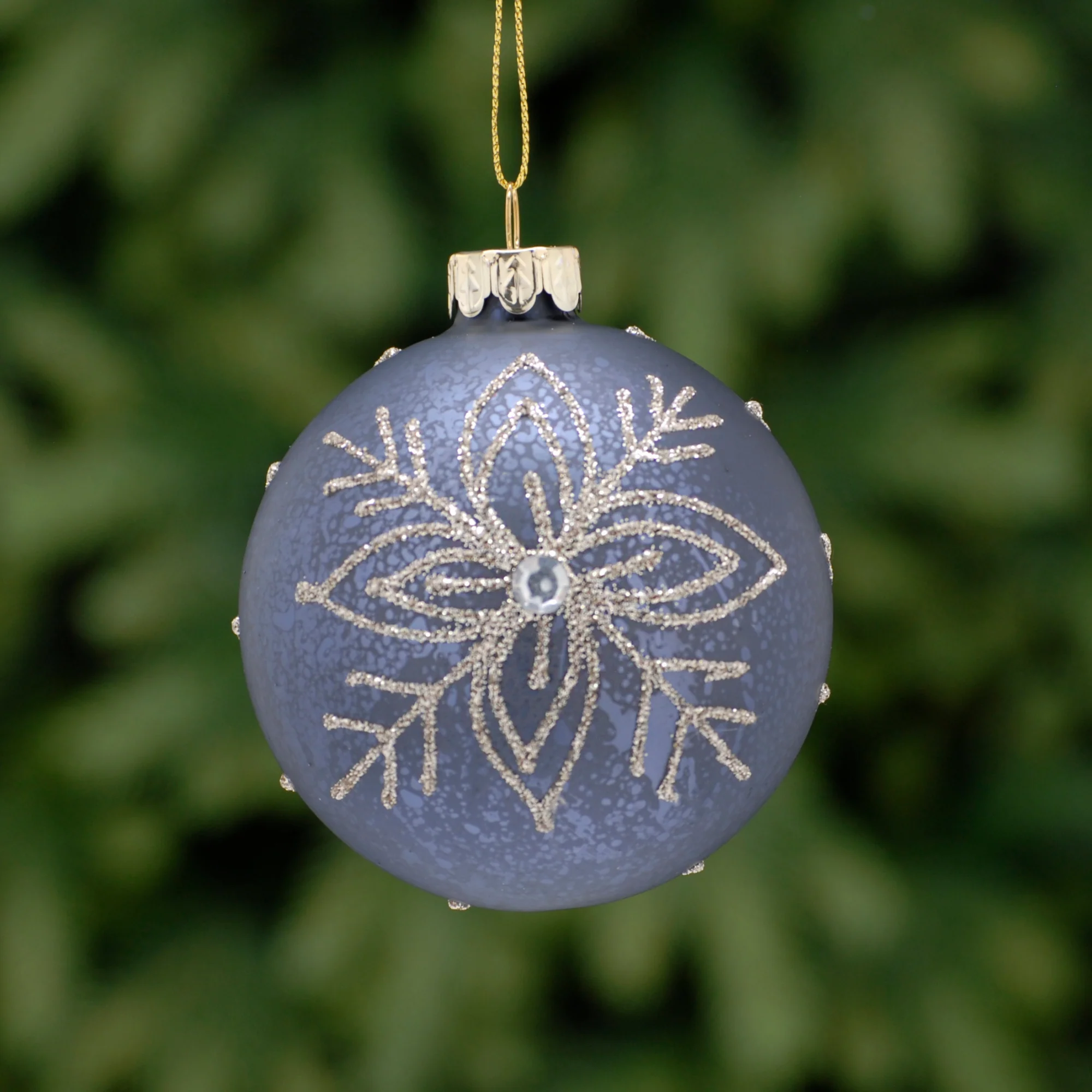 8cm Navy Gold Glitter Flower and Gem Glass Bauble Tree Decoration