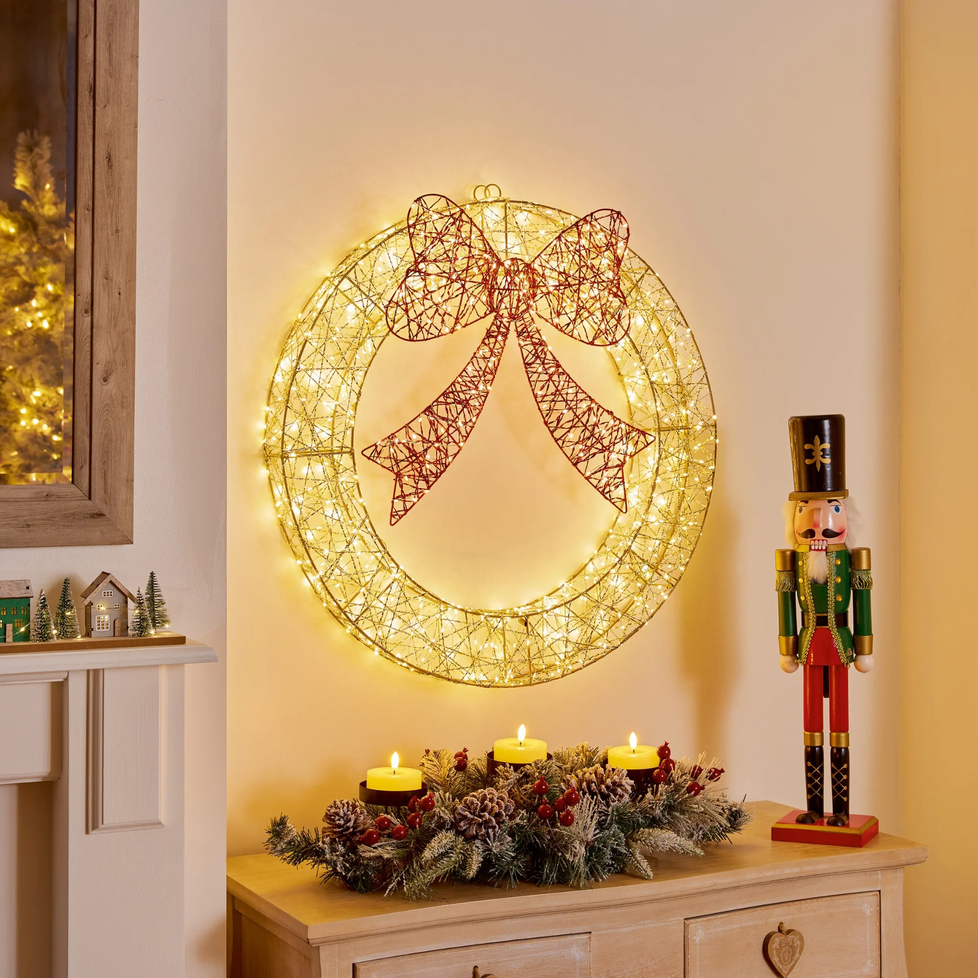90cm Golden Elegance Twist Wreath with Red Bow and 1400 Warm White LEDs