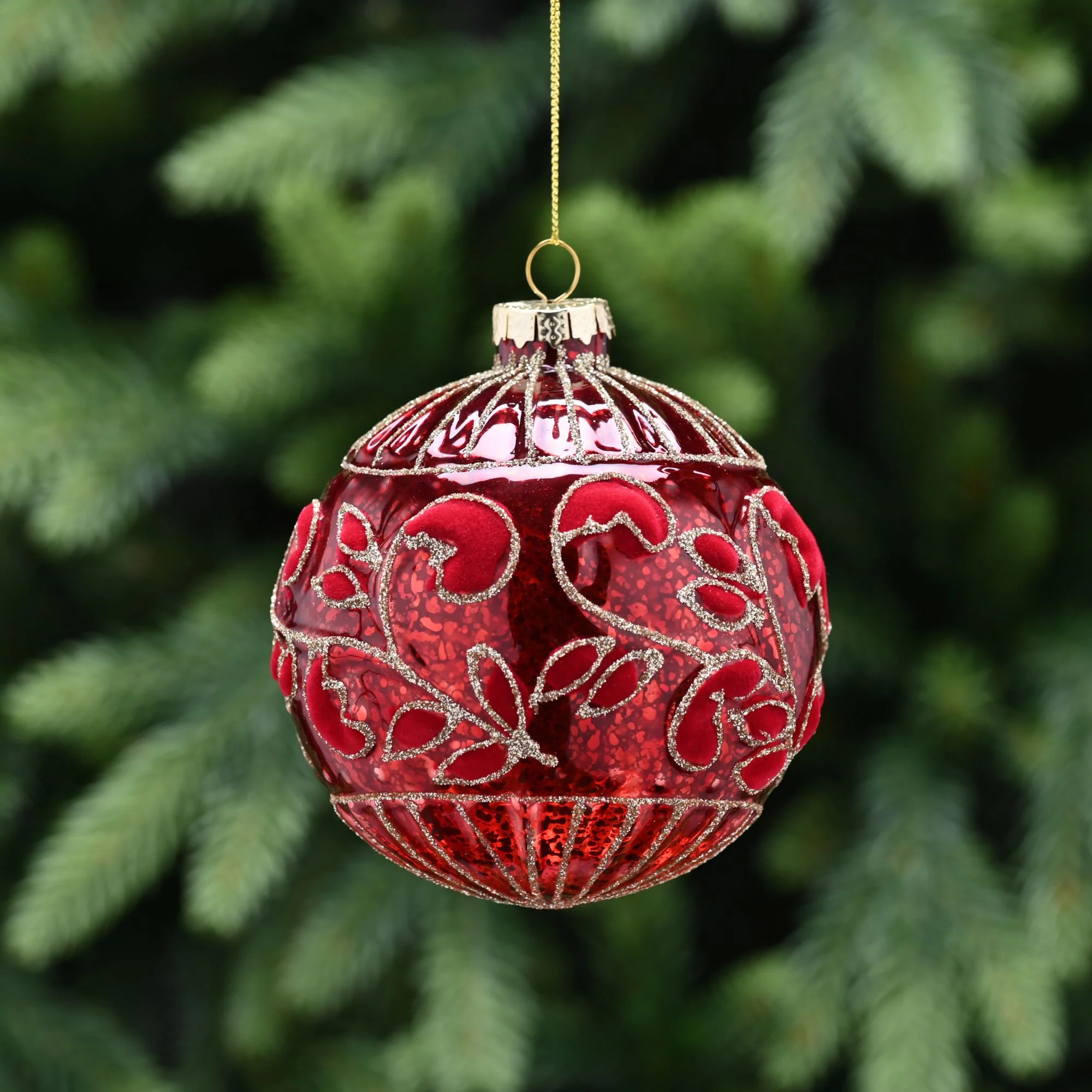 9cm Red and Gold Glitter Leaves Glass Bauble Christmas Tree Decoration