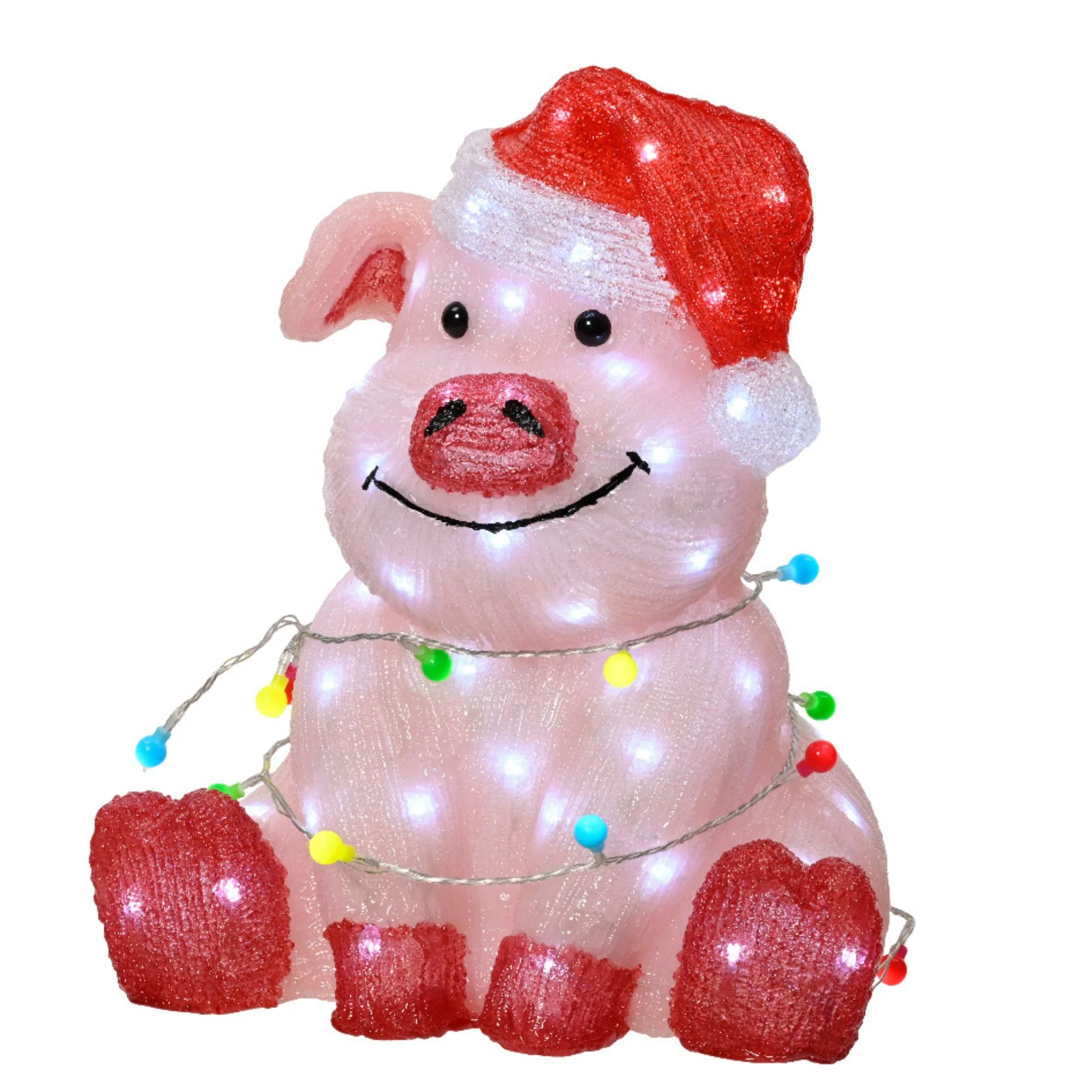 Pink Pig with Santa Hat and Fairy Lights Christmas Acrylic Figure - Image 3