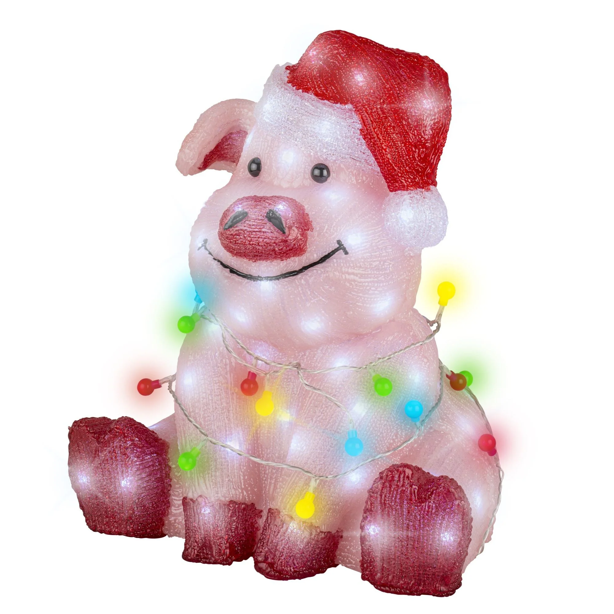 Pink Pig with Santa Hat and Fairy Lights Christmas Acrylic Figure - Image 4