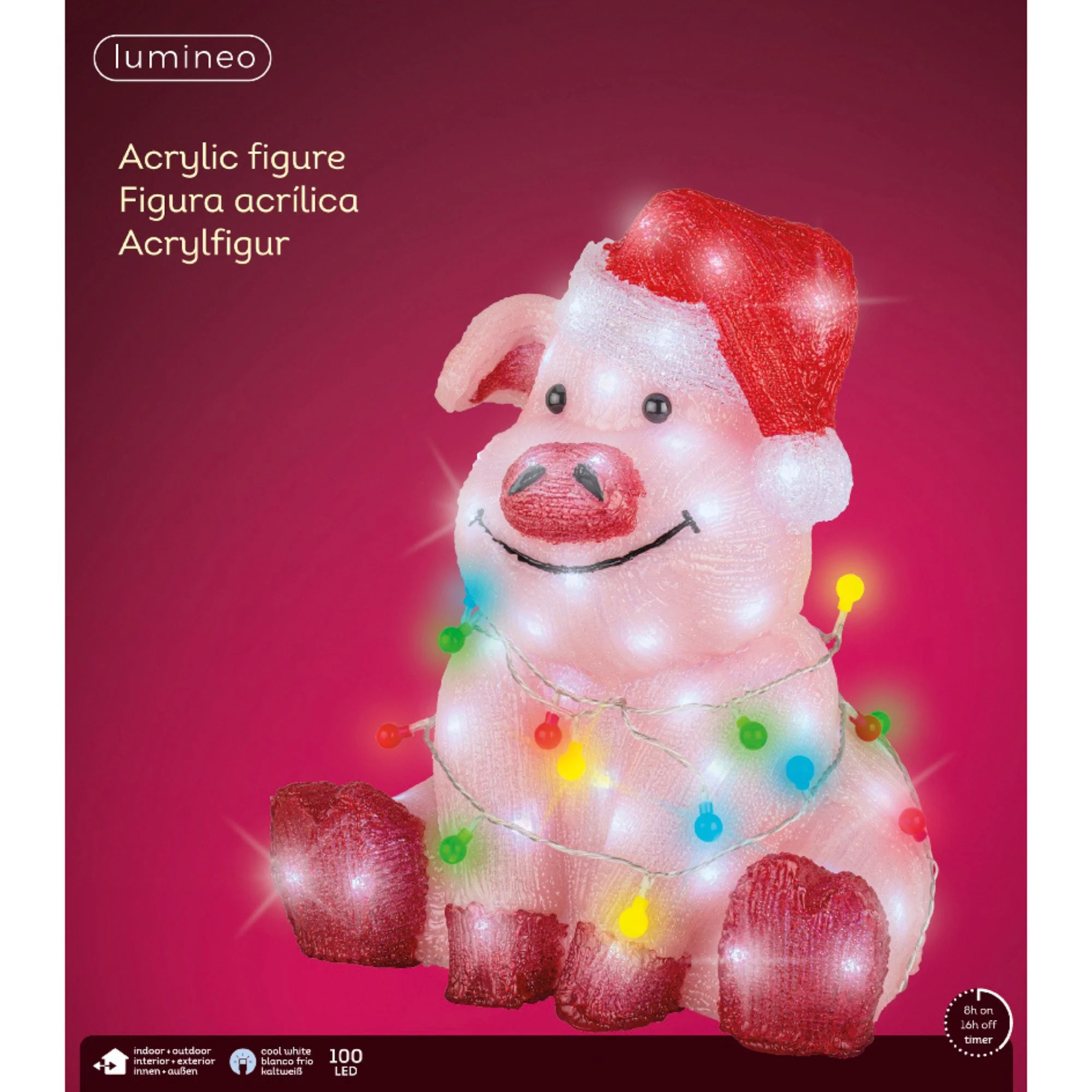 Pink Pig with Santa Hat and Fairy Lights Christmas Acrylic Figure - Image 5