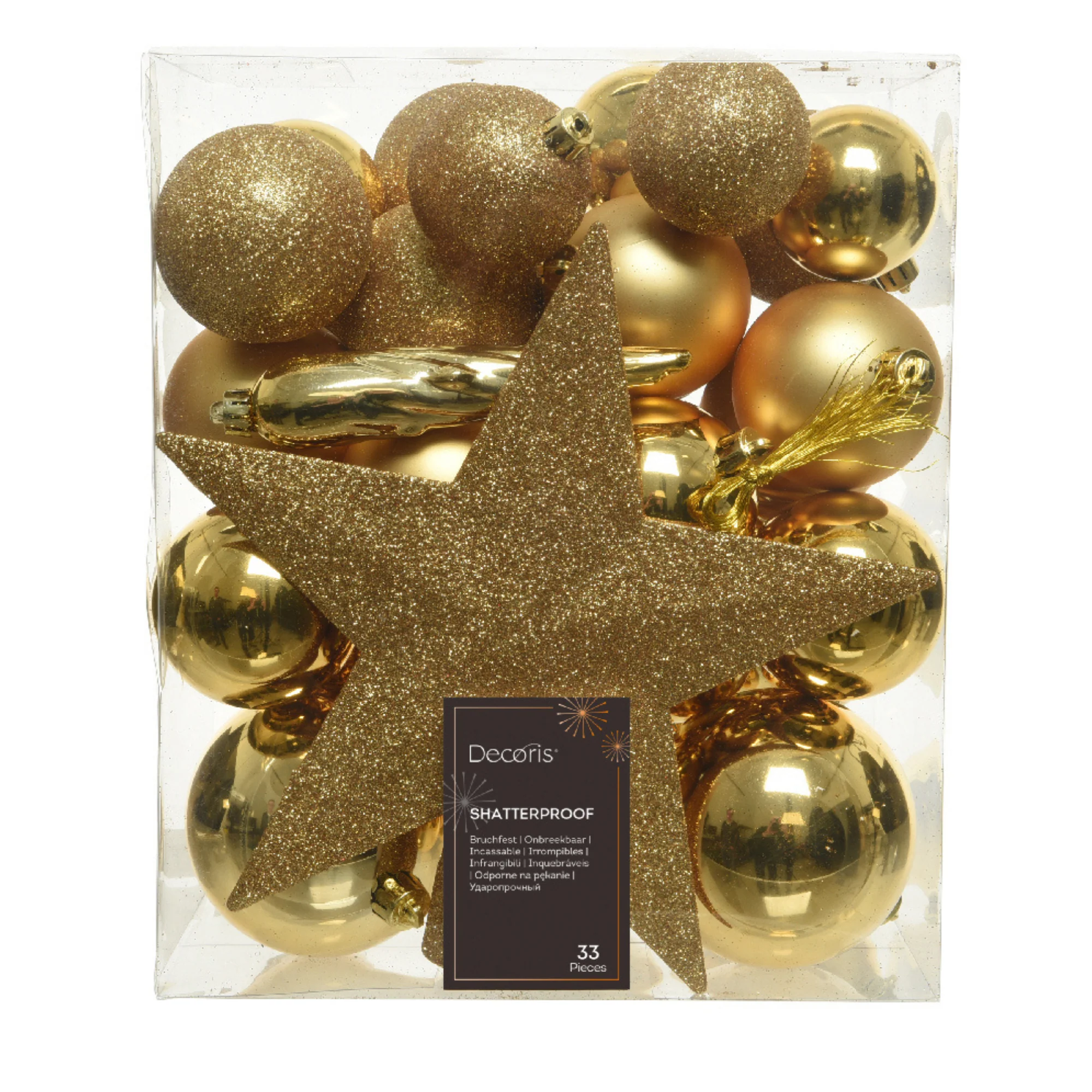 Pack of 33 Light Gold Shatterproof Tree Baubles with Star Tree Topper - Image 3