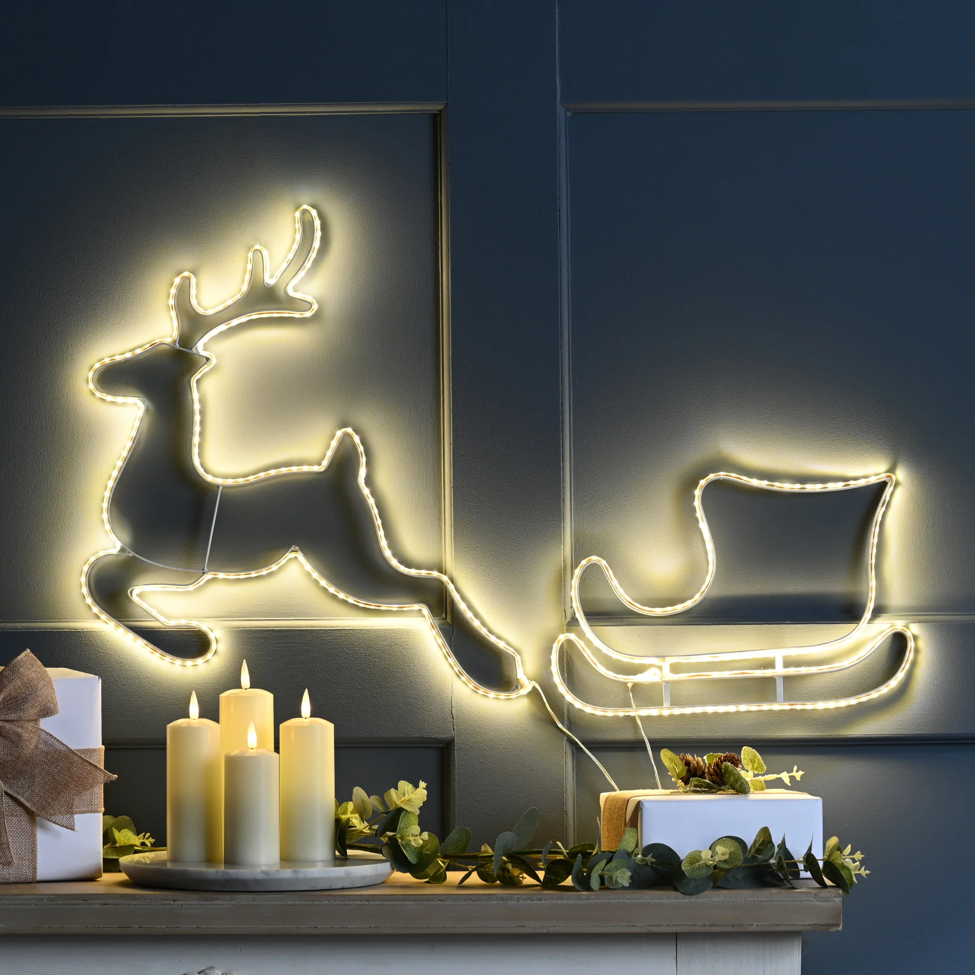 Reindeer and Sleigh Warm White LED Hanging Wall Christmas Silhouette